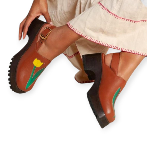 Charlotte Stone x Lorien Stern Darren Brown Luggage Tulip Clogs Shoes Size 7 - Picture 2 of 10